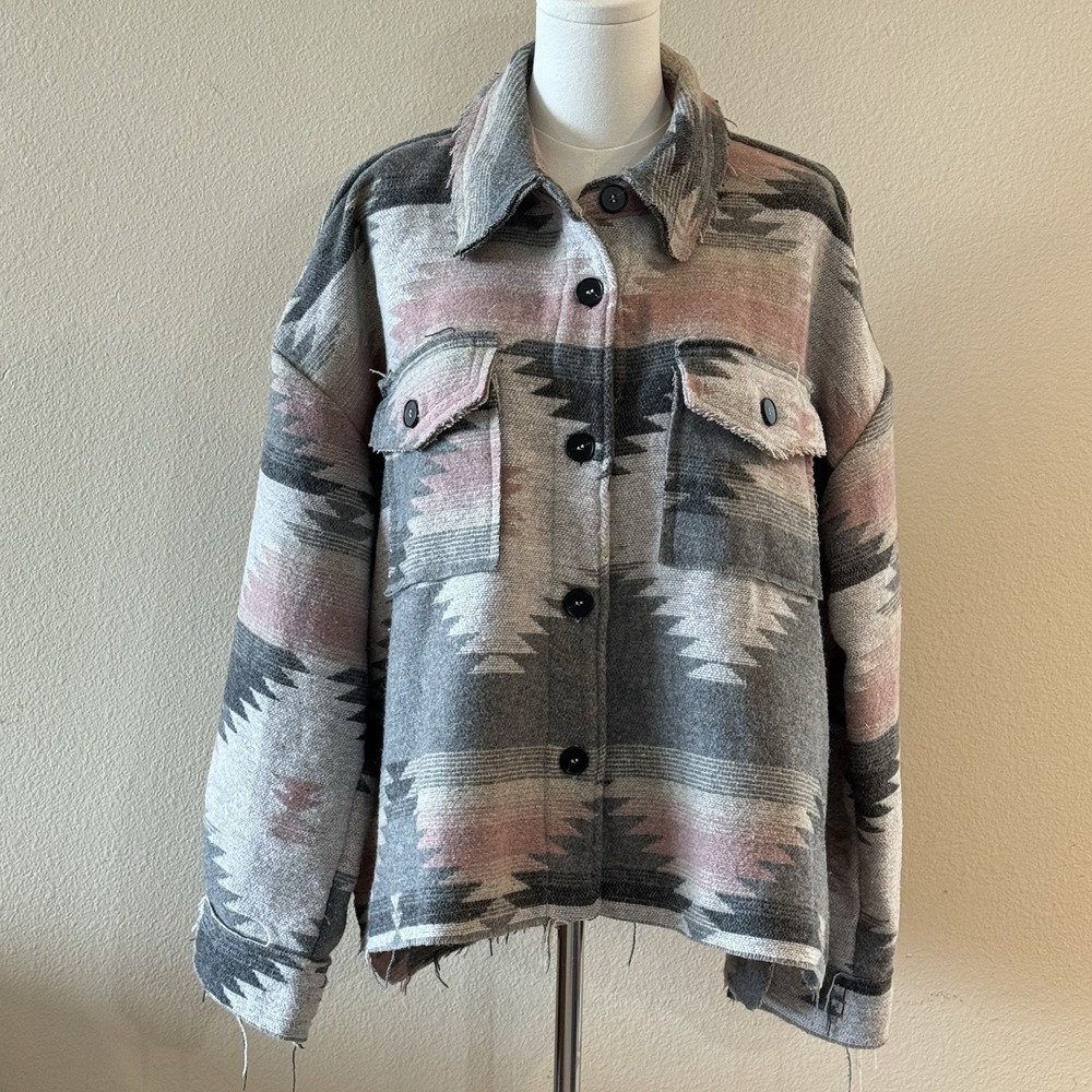 Aztec Southwestern Shacket Jacket Pink Gray Western Ranch Oversized Large